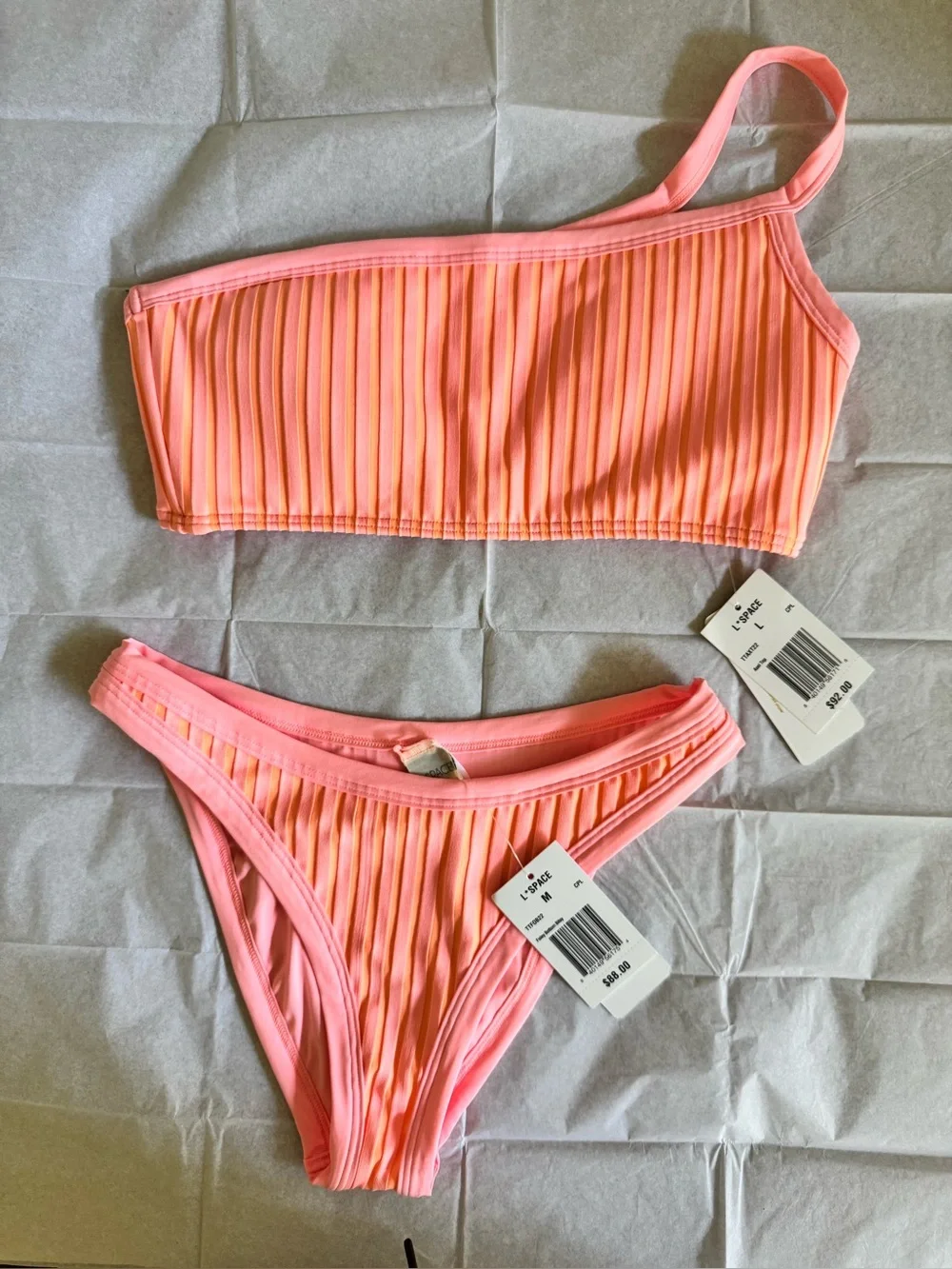 L*Space Axel Bikini Set Coral One-Shoulder Pink Stripe L Top M Bottom